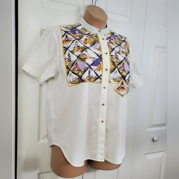 Quacker Factory Lighthouse Coast Button Down Cotton Shirt Womens 1X ~ Pre-Owned - Picture 2 of 12